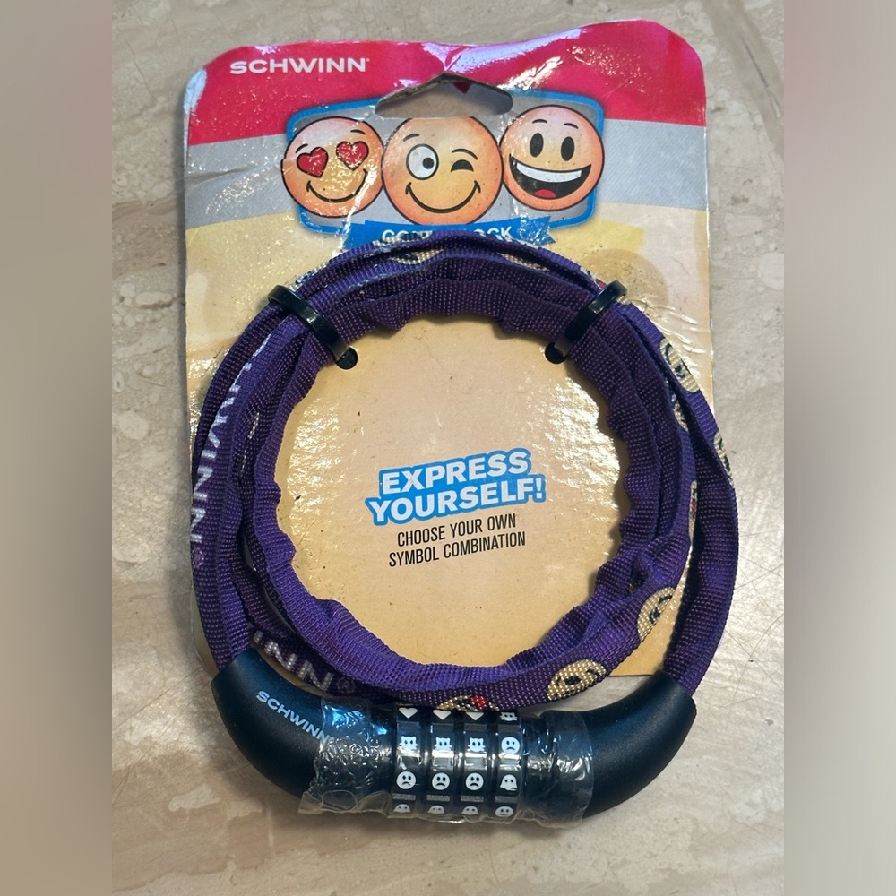 Schwann 6mm purple emoji combination bike lock.